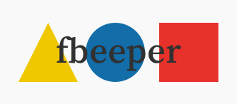 Sample of my initial out-of-context color choices. The text is not easy to read. A bright yellow triangle, a bright blue circle, and a bright red circle. Illegible dark grey text “fbeeper” on top.
