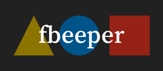 My dark mode color choices. Dark mode shapes and colors: A dark yellow triangle, a dark blue circle, and a dark red circle. Legible white text “fbeeper” on top.